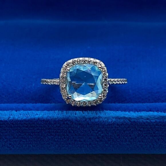 💛 925 Aquamarine & CZ Engagement Ring - Picture 1 of 4